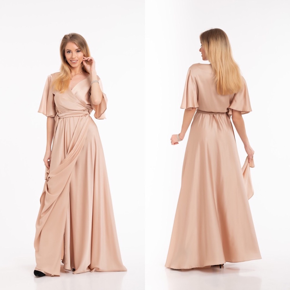 ❗️NEW❗️Champagne Flutter Sleeves Silk Wrap Dress